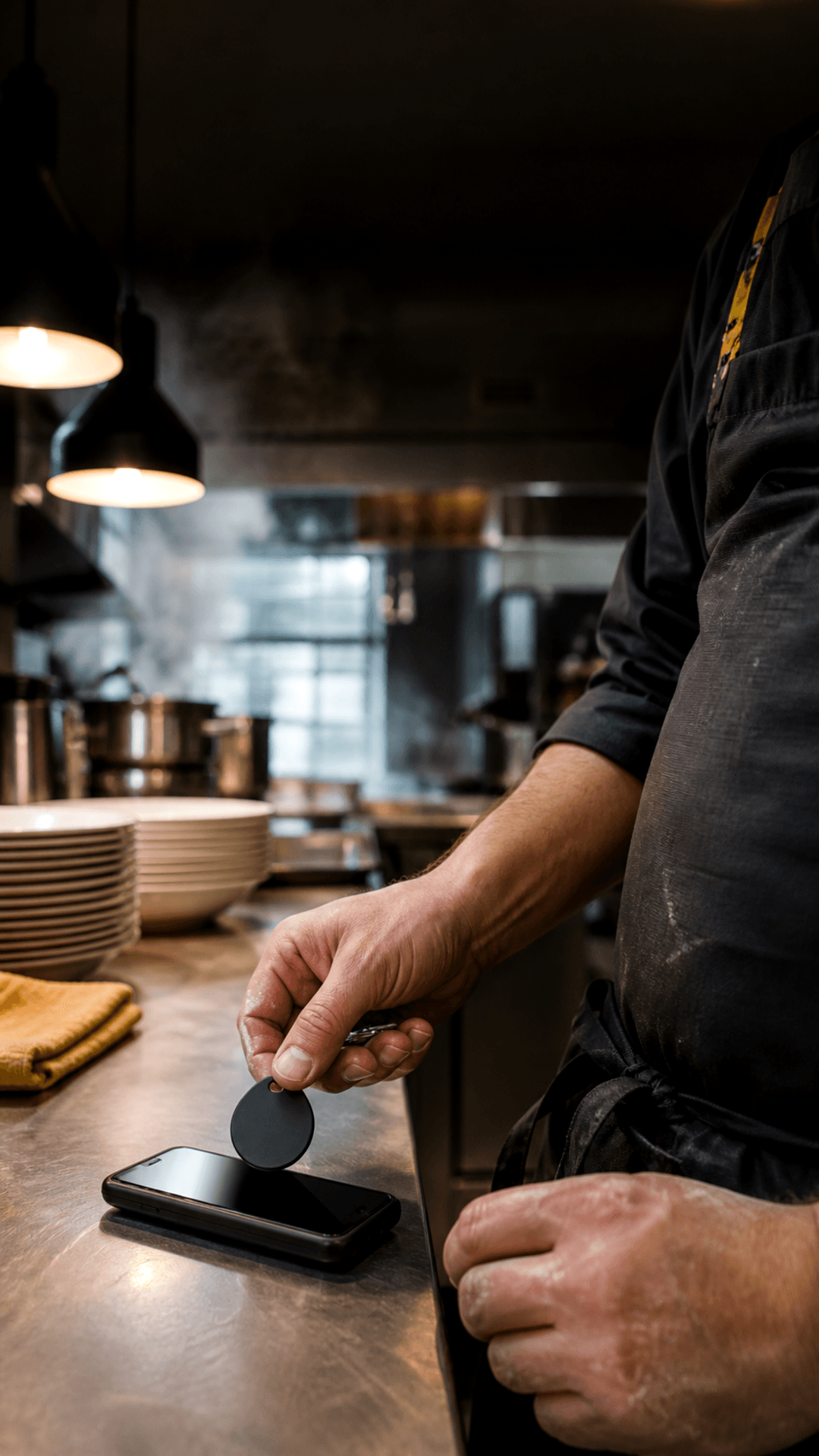 Une cuisine de brasserie, un badge présenté au début d'un service.
